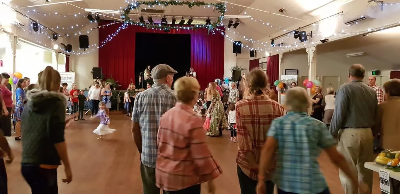 Bush dance night at the Palmwoods hall, strung with fairy lights