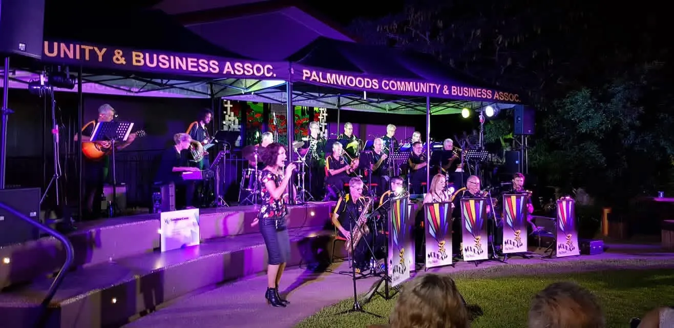 Live band performing at an evening PCBA event under the marquee